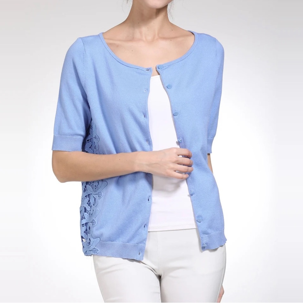 Talbots Lace Pima Cotton Blue Button-Down Elegant Cardigan Top-XS